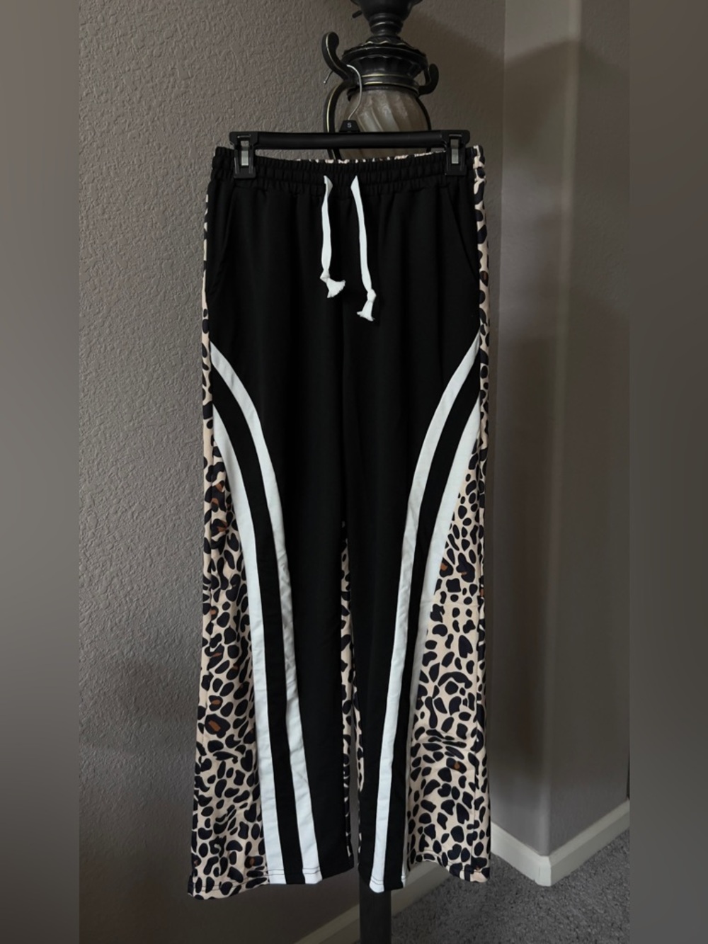 Black Track Pants with Leopard Side Panels and White Stripes